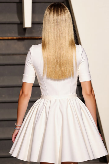 White V-Neck Short A Line Work Dress with Sleeves
